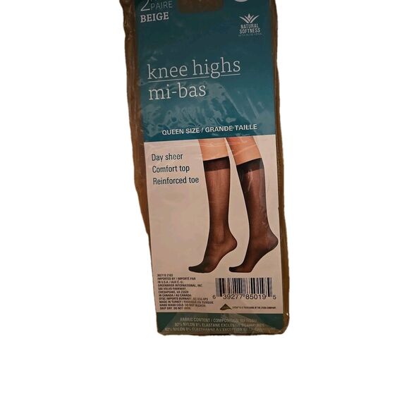Lycra Knee Highs Mi-bas 2 Pair Beige Queen Size Day Sheer Reinforced NIP Sealed - Picture 1 of 2